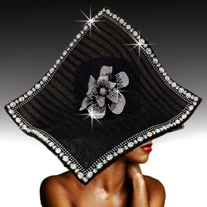 Beloved Millinery Couture Sculpted Extraordinary Black Silver Jeweled Hat NWT